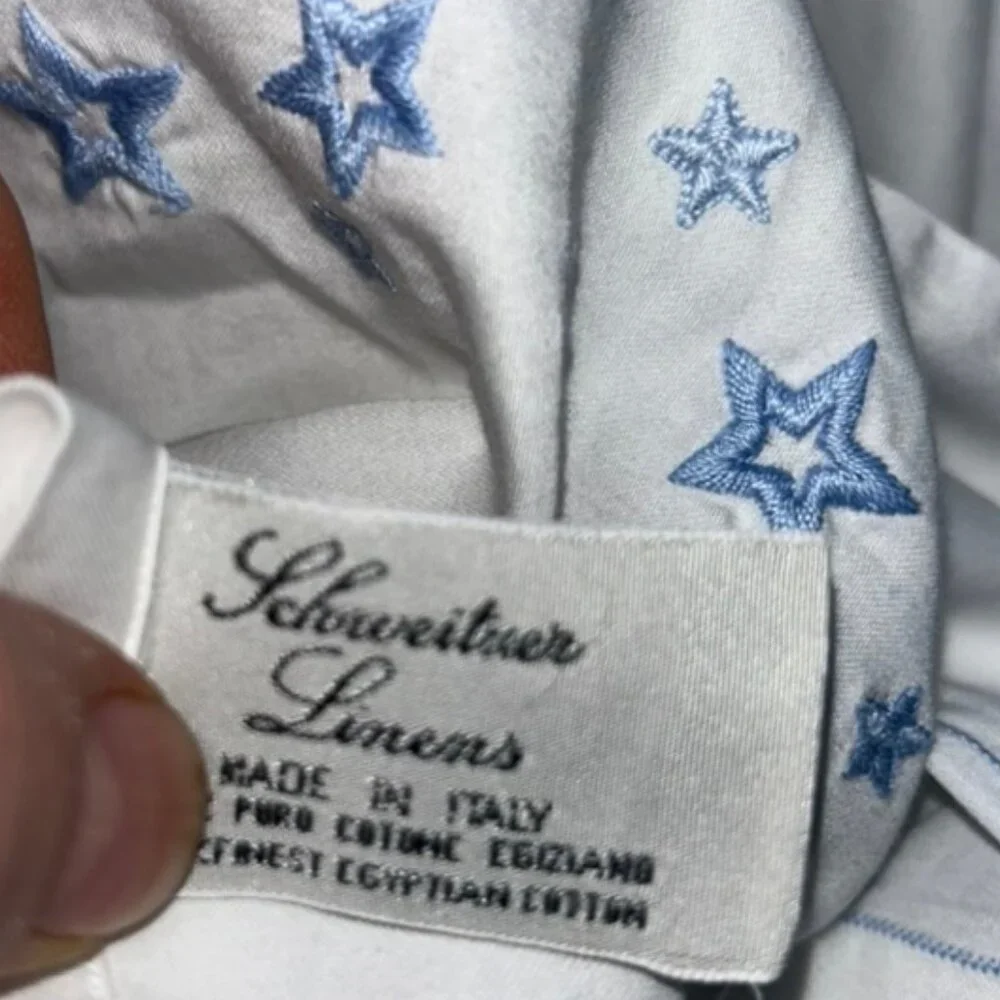 Schweitzer Linen ITALY white embroidered blue stars TWIN flat sheet